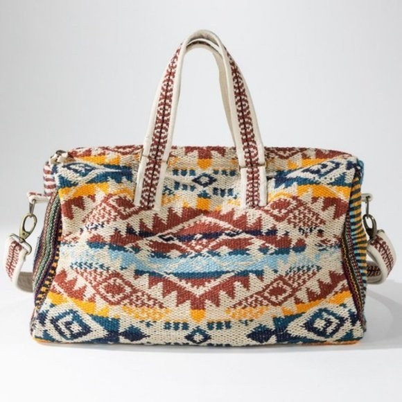 Handmade Boho Chic Weekender Bag woven Navajo cotton duffel shoulder carpet bag - Picture 9 of 15
